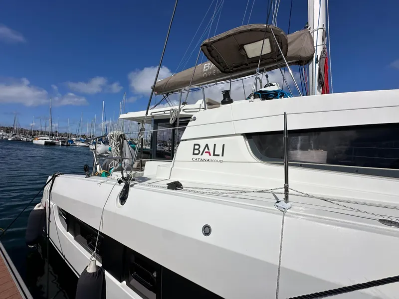 Slide: The Image of 2023 Bali 4.2 catamaran docked in a marina under a clear blue sky. - 6