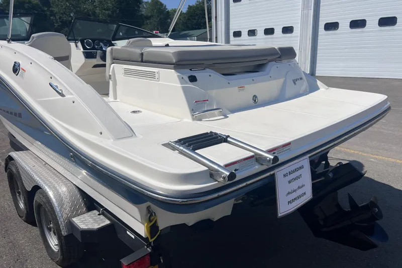 Slide: The Image of 2020 Sea Ray SPX 210 boat on trailer, rear view with swim platform and ladder. - 20