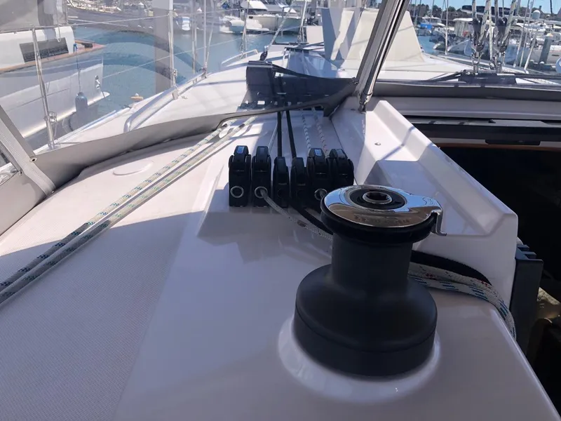 Slide: The Image of Close-up of 2019 Catalina 425 sailboat deck with winch and ropes. - 25