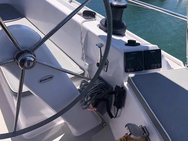 Slide: The Image of Cockpit of 2019 Catalina 425 sailboat with Edson steering wheel and navigation instruments. - 30