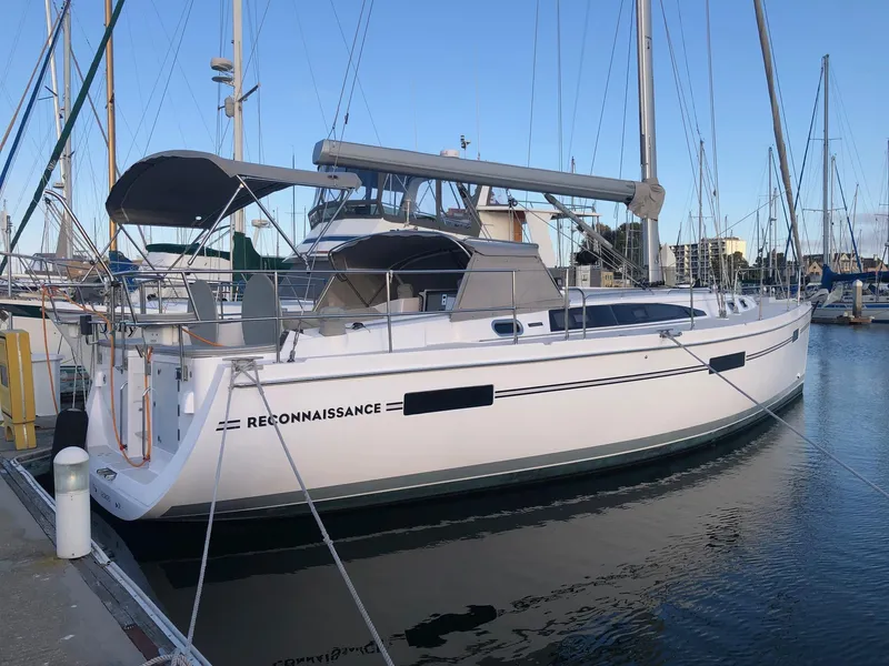 Slide: The Image of 2019 Catalina 425 sailboat docked at marina, featuring sleek design and modern amenities. - 34