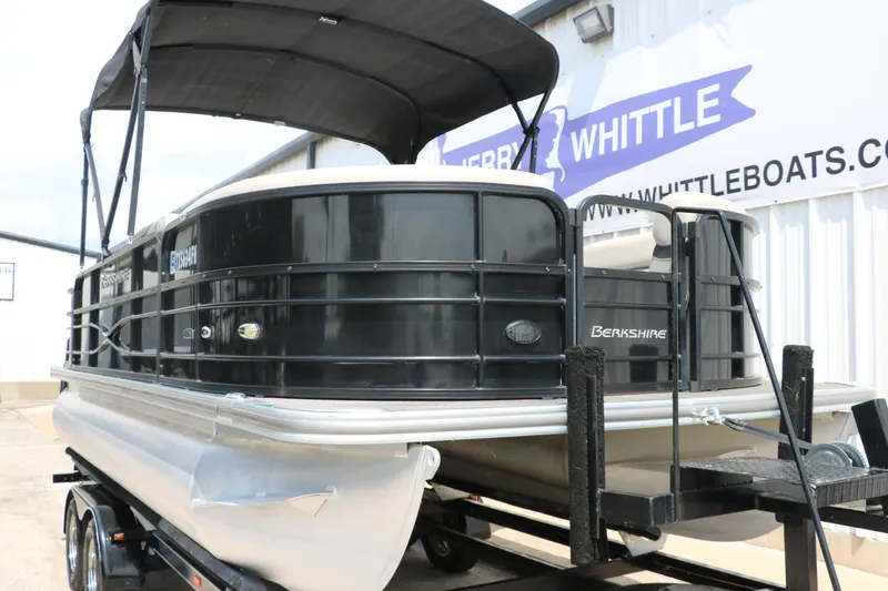 Slide: The Image of 2019 Berkshire 20RFC CTS pontoon boat on trailer at dealership. - 6