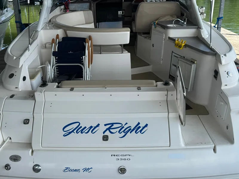 Slide: The Image of 2006 Regal 3360 Window Express boat named "Just Right" docked in Boone, NC. - 16