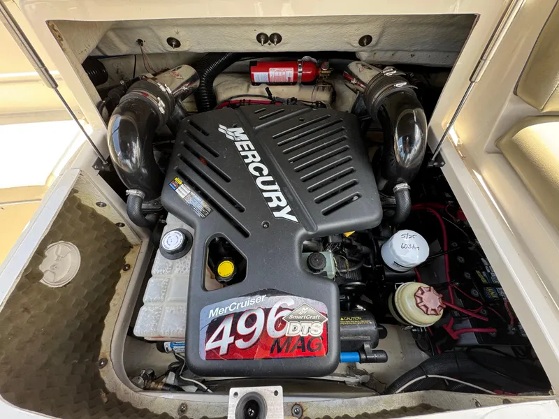 Slide: The Image of Engine compartment of a 2006 Sea Ray 270 Sundeck with MerCruiser 496 MAG engine. - 37
