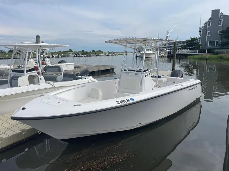 Slide: The Image of 2023 Aquasport 22CC boat docked in a marina, featuring sleek white design. - 11