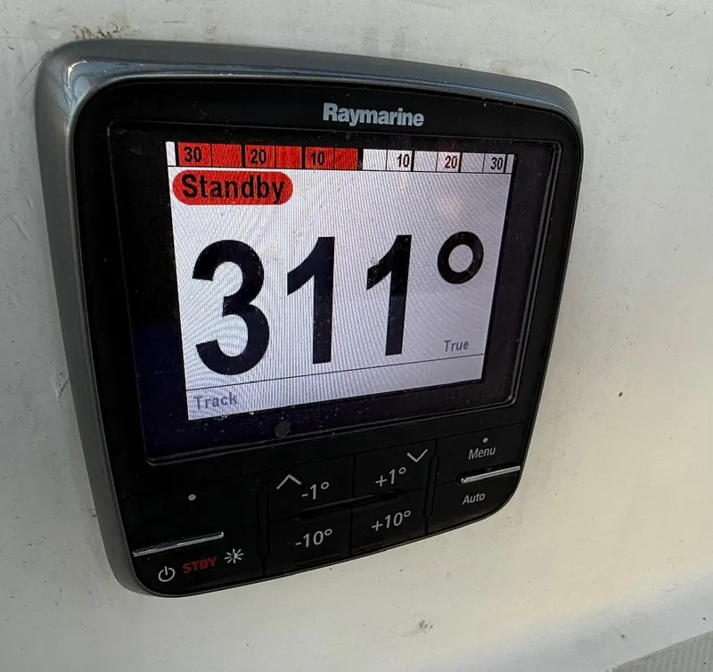 Slide: The Image of Raymarine display showing 311 degrees on standby mode, Bristol 35.5, 1981 model. - 17