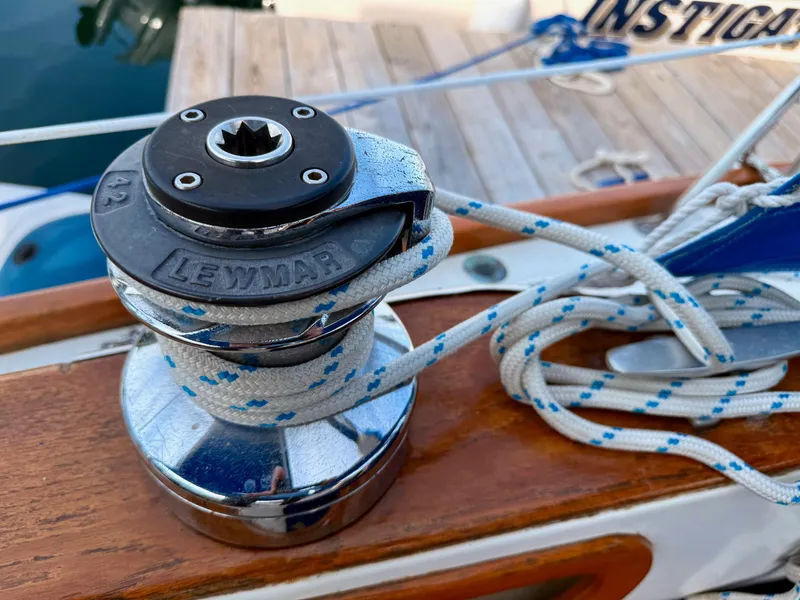 Slide: The Image of Sailboat winch with rope on a 1981 Bristol 35.5, dockside view. - 23