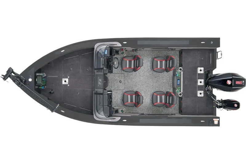Slide: The Image of 2025 Ranger VX1988 WT boat interior with seating and steering console in a parking lot. - 4