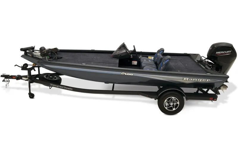 Slide: The Image of 2025 Ranger RT188 boat interior with black seats, docked near urban buildings. - 4