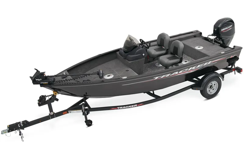 Slide: The Image of 2025 Tracker Super Guide V-16 SC boat at Bass Pro Shops entrance. - 2