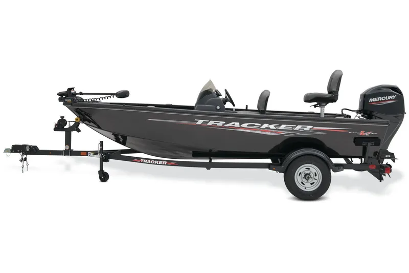 Slide: The Image of 2025 Tracker Super Guide V-16 SC boat with Mercury engine, red exterior, and gray seats. - 5