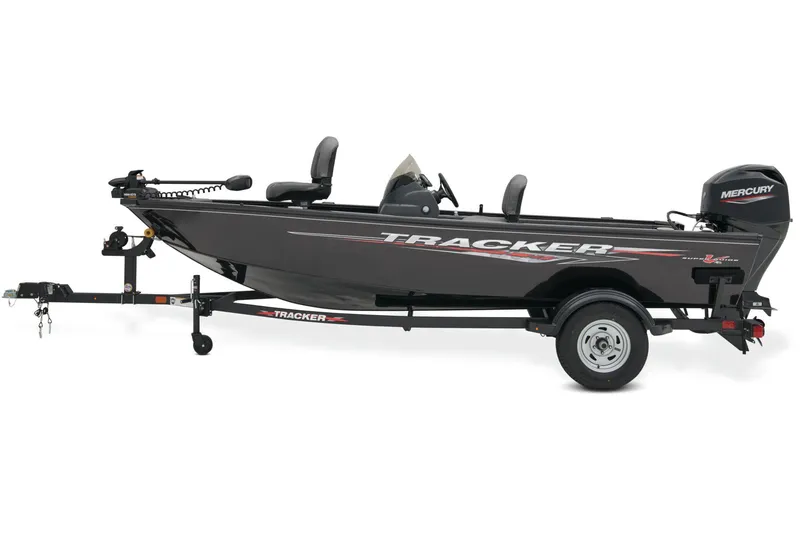 Slide: The Image of 2025 Tracker Super Guide V-16 SC boat interior with gray carpet and red trim. - 7