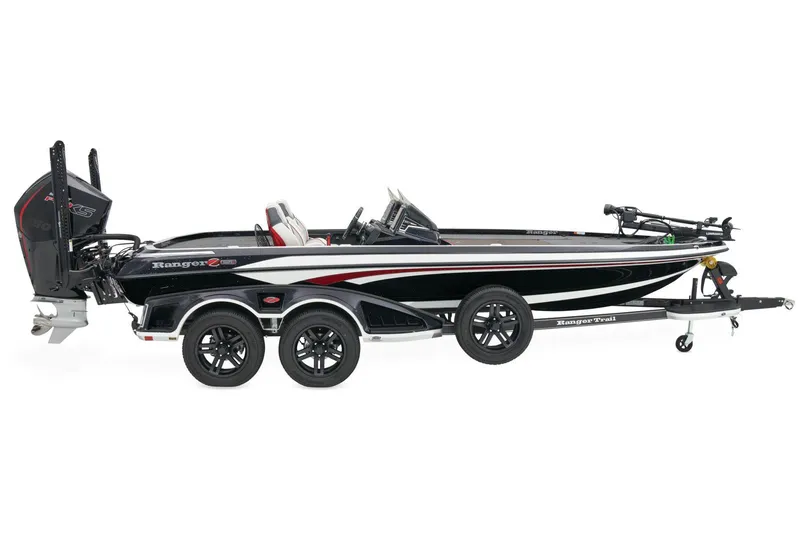 Slide: The Image of 2025 Ranger Z521R Cup-Equipped boat interior with red and gray seating. - 8