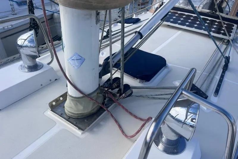 Slide: The Image of Deck of 2002 Pacific Seacraft 40 sailboat with rigging and solar panel. - 17