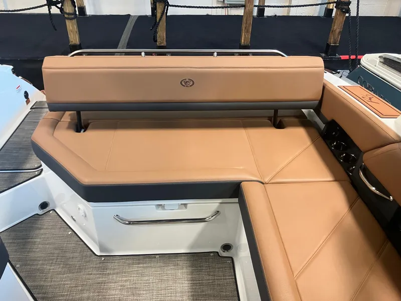 Slide: The Image of Luxurious tan seating on 2025 Cobalt R6 boat, featuring sleek design and modern amenities. - 8