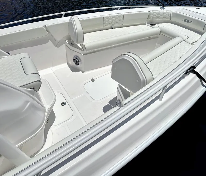 Slide: The Image of 2026 Glasstream 280 Pro-X boat interior with white seating and spacious layout. - 4