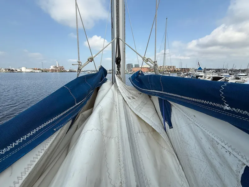 Slide: The Image of Sailboat deck view, Leopard 39 Owner's Version, 2012, with sails and marina background. - 20