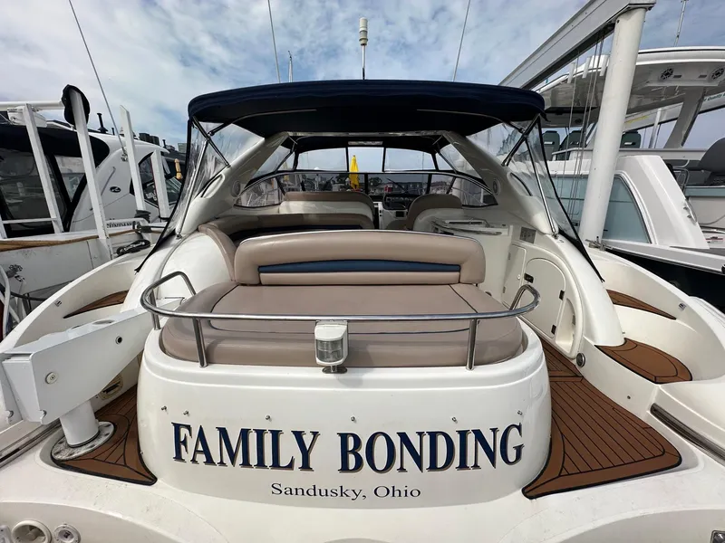 Slide: The Image of Sunseeker Camargue 44 yacht, "Family Bonding," docked in Sandusky, Ohio, 2001 model. - 5