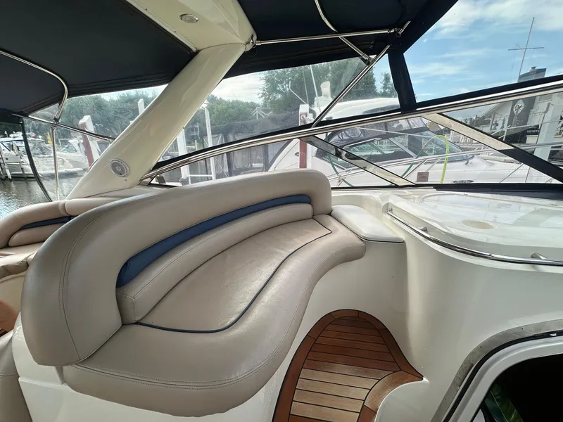 Slide: The Image of Luxurious interior of 2001 Sunseeker Camargue 44 yacht with leather seating and wood flooring. - 8