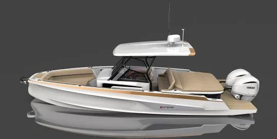 Slide: The Image of 2026 STERK 31 WB Super Sport boat with sleek design and dual outboard engines. - 23