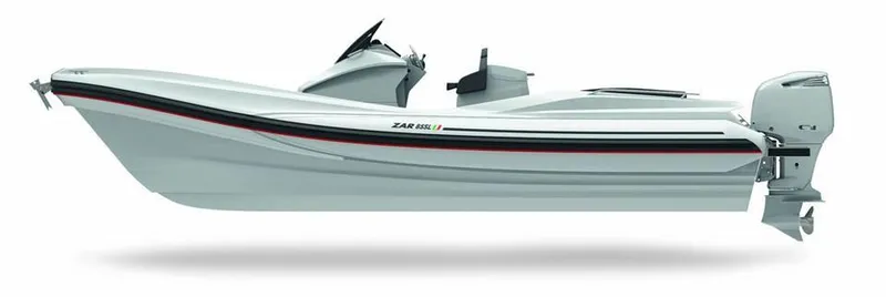 Slide: The Image of 2025 Zar Formenti 85 SL boat, side view, white with black and red accents. - 5