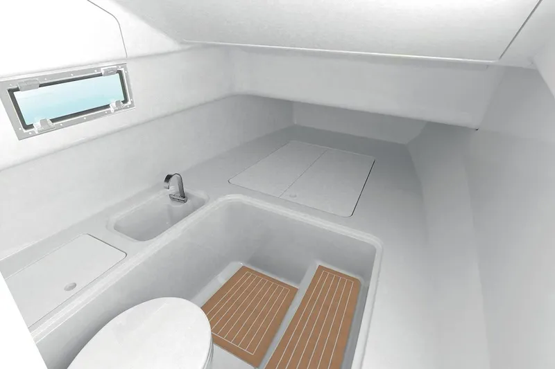 Slide: The Image of Modern interior of Zar Formenti 85 SL 2025 boat with sink and wooden floor accents. - 6