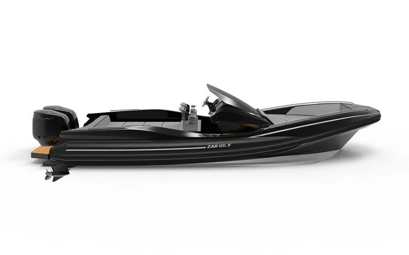 Slide: The Image of 2025 Zar Formenti 85 SL black luxury motorboat side view. - 7