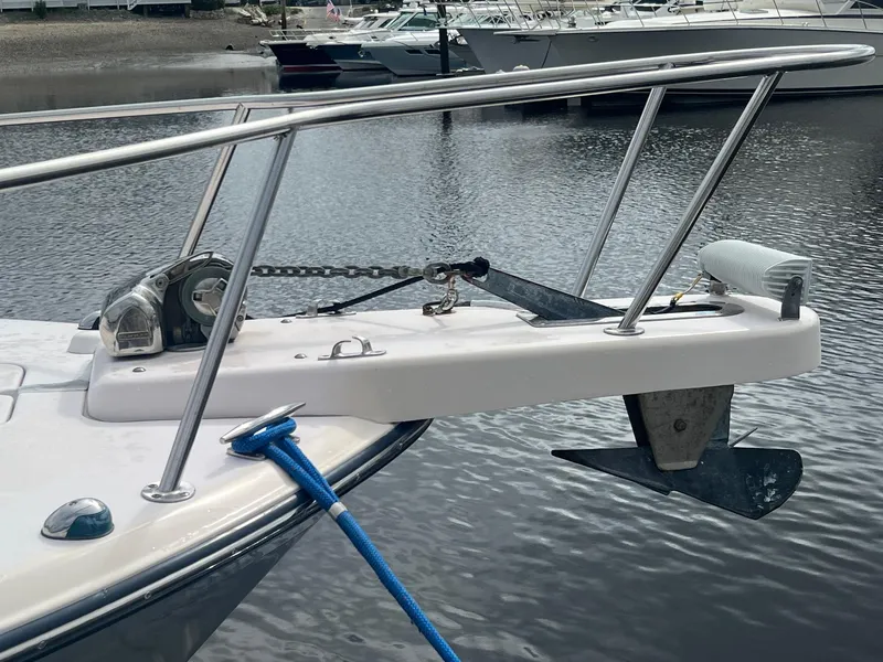 Slide: The Image of 2007 Grady-White Express 330 boat anchor and railing detail at marina. - 11