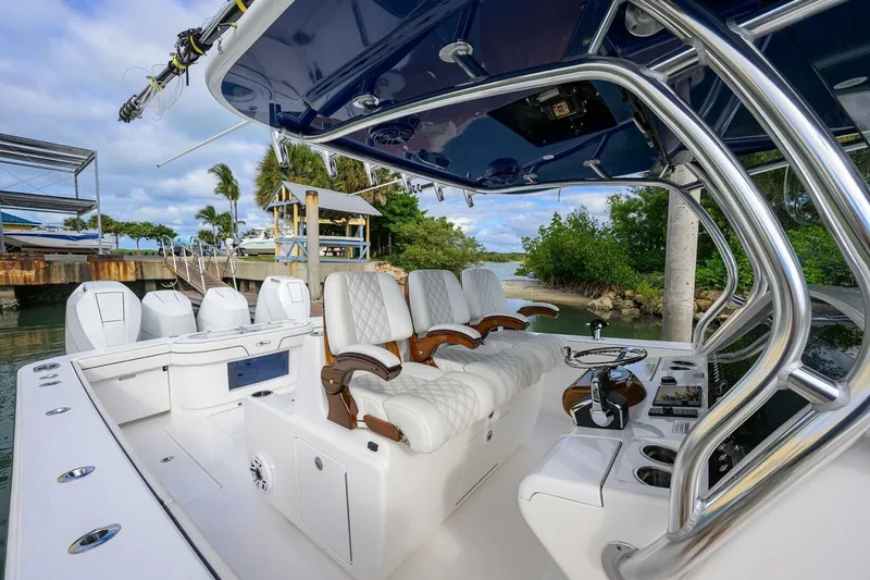 Slide: The Image of 2025 Valhalla Boatworks V-41 interior with luxurious seating and sleek design. - 31