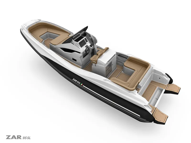 Slide: The Image of 2025 Zar Formenti 95 SL luxury inflatable boat with sleek design and spacious seating. - 14