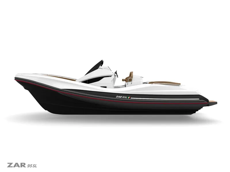 Slide: The Image of 2025 Zar Formenti 95 SL luxury speedboat, side view, white and black design. - 15