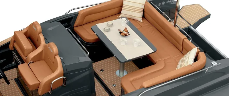 Slide: The Image of Luxurious seating area on the 2025 Zar Formenti 95 SL boat with a dining table. - 18