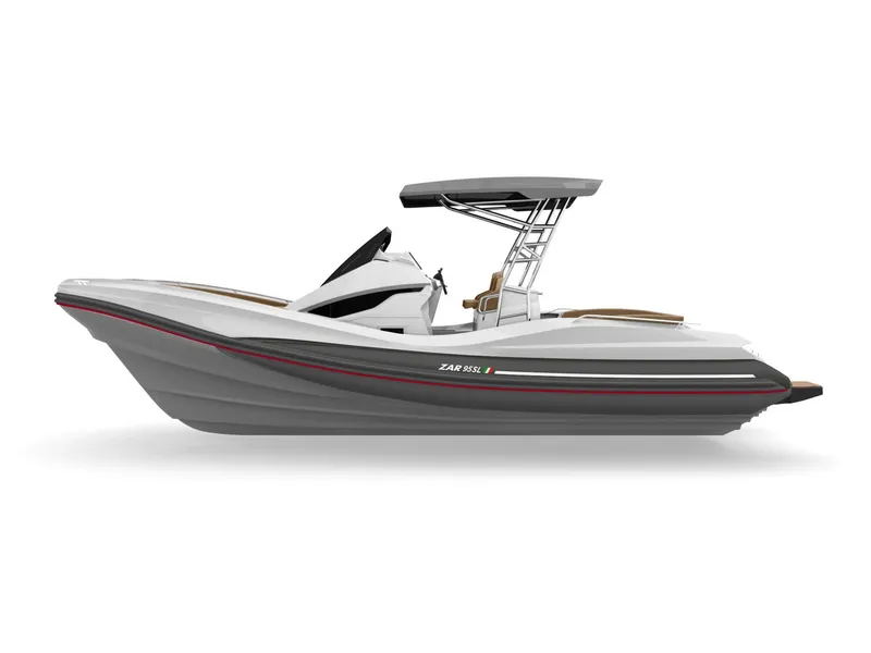 Slide: The Image of 2025 Zar Formenti 95 SL boat, sleek design, side view, white and gray color scheme. - 2