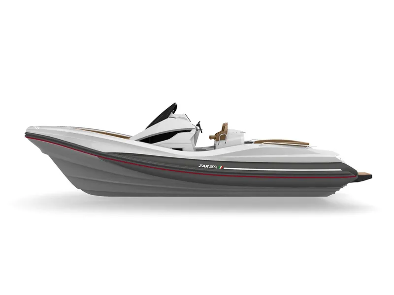 Slide: The Image of 2025 Zar Formenti 95 SL boat, sleek design, side view, white and gray color scheme. - 3