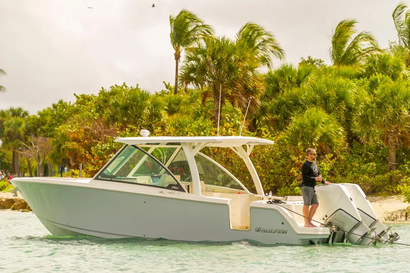 Slide: The Image of 2025 Sailfish 316 DC boat near tropical shoreline with palm trees. - 17
