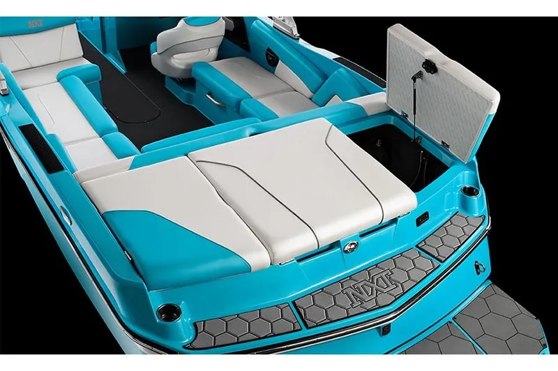 Slide: The Image of Manufacturer Provided Image: 2019 MasterCraft NXT22 boat interior with blue and white seating. - 15