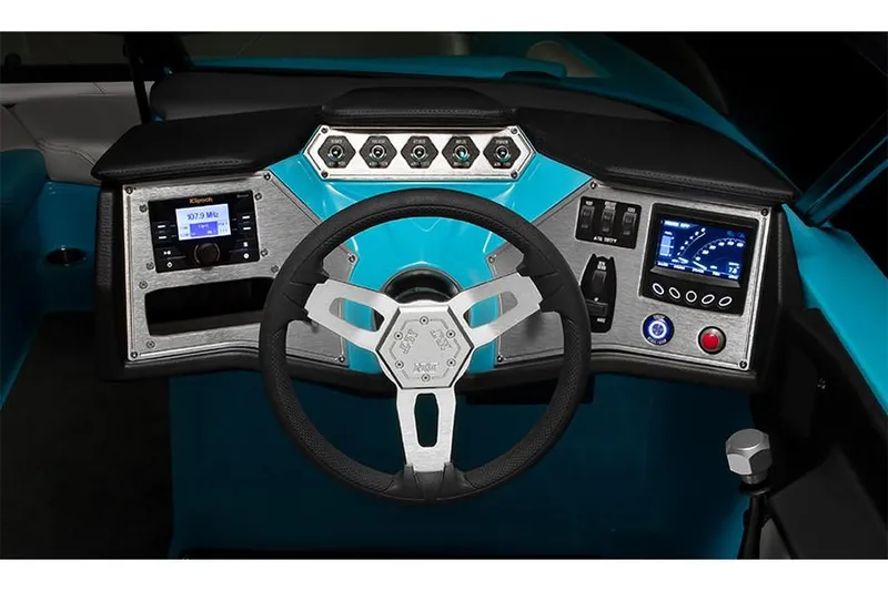 Slide: The Image of Manufacturer Provided Image: 2019 MasterCraft NXT22 boat dashboard with steering wheel and control panel. - 17