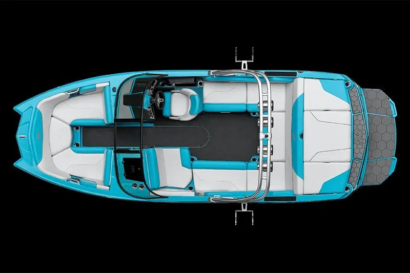 Slide: The Image of Manufacturer Provided Image: 2019 MasterCraft NXT22 boat interior, top view, blue and white seating, black flooring. - 19