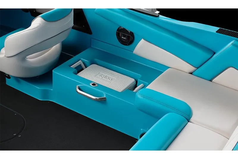 Slide: The Image of Manufacturer Provided Image: 2019 MasterCraft NXT22 interior seating with built-in cooler and blue upholstery. - 20