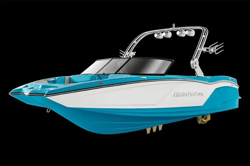 Slide: The Image of Manufacturer Provided Image: 2019 MasterCraft NXT22 boat, blue and white, side view. - 21