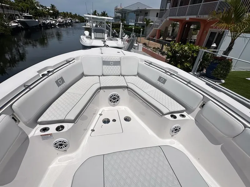 Slide: The Image of 2024 Sea Fox 328 Commander boat interior with luxurious seating and modern design. - 18