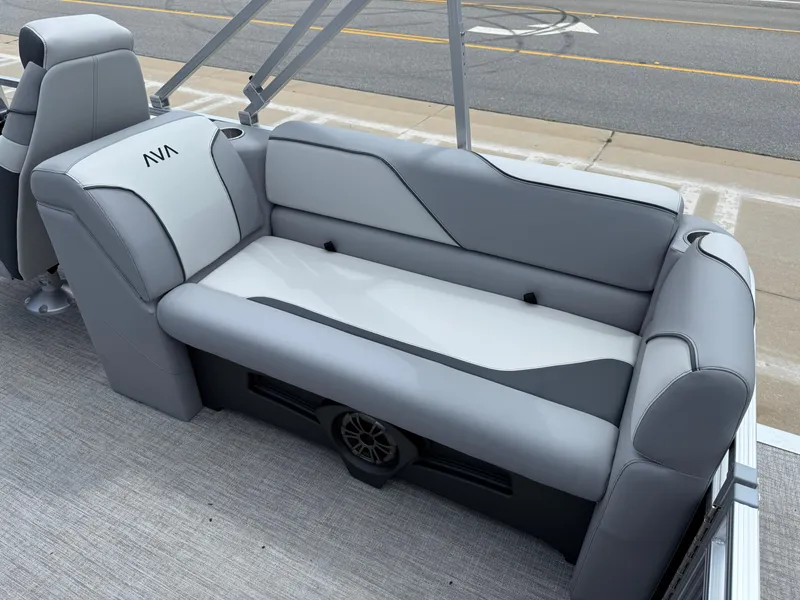 Slide: The Image of 2025 Avalon VENTURE QUAD LOUNGER boat seat, gray and white upholstery, modern design. - 30
