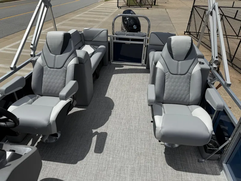 Slide: The Image of 2025 Avalon VENTURE QUAD LOUNGER interior with luxurious gray seating and modern design. - 46