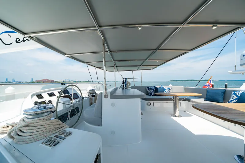 Slide: The Image of Luxurious 2008 Privilege 745 yacht deck with seating, helm, and ocean view. - 13