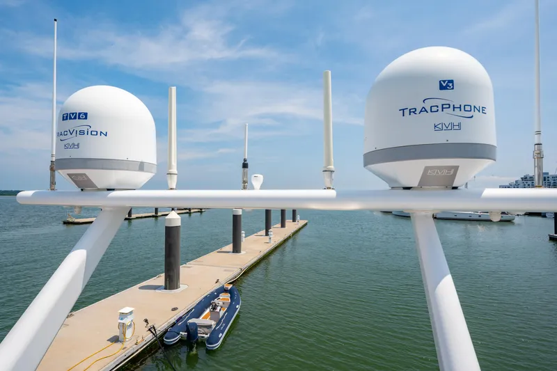 Slide: The Image of Satellite domes on a Privilege 745 yacht, docked at a marina, under a clear blue sky. - 15