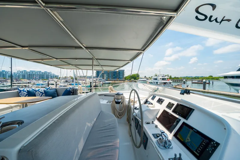 Slide: The Image of Luxurious 2008 Privilege 745 yacht interior with navigation controls and marina view. - 17