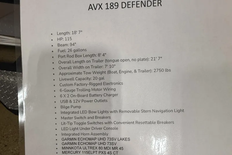 Slide: The Image of 2026 Vexus AVX189 specifications sheet detailing features like length, HP, beam, and electronics. - 9