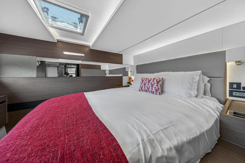 Slide: The Image of Luxurious bedroom interior of 2022 Leopard 53 Powercat yacht with skylight and modern design. - 110
