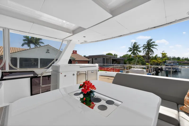 Slide: The Image of Luxurious 2022 Leopard 53 Powercat yacht deck with seating, table, and waterfront view. - 23