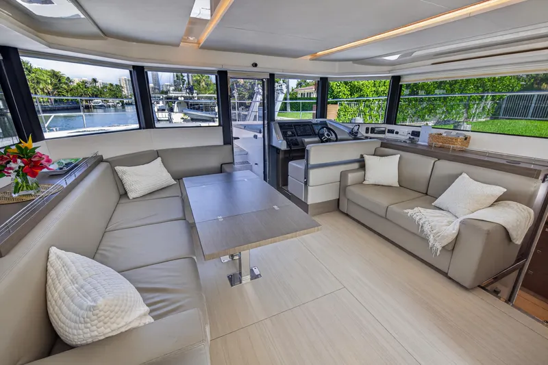 Slide: The Image of Luxurious interior of 2022 Leopard 53 Powercat yacht with modern seating and scenic views. - 68